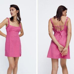 Zara Pink Linen & Cotton Blend Mini Backless Ruffle Dress NEW- Sz. Med